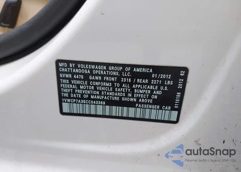 2012 Volkswagen Passat 2.5L Sel Premium из США, поврежденный, VIN 1VWCP7A35CC043369